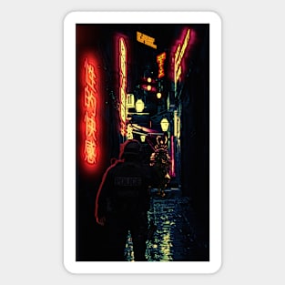 A cyberpunk city night alley. A policeman and a samurai.  Tension... Conflict cannot be avoided. Magnet